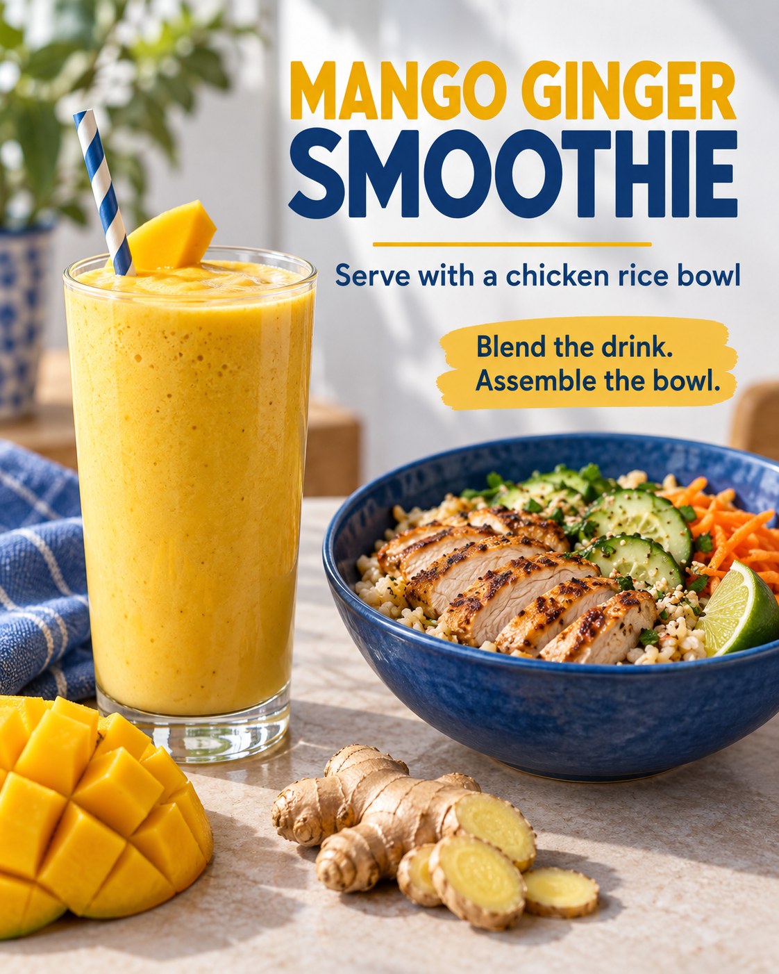 Golden mango ginger smoothie beside a separate chicken rice bowl with cucumber and carrots, under a lunch pairing headline.