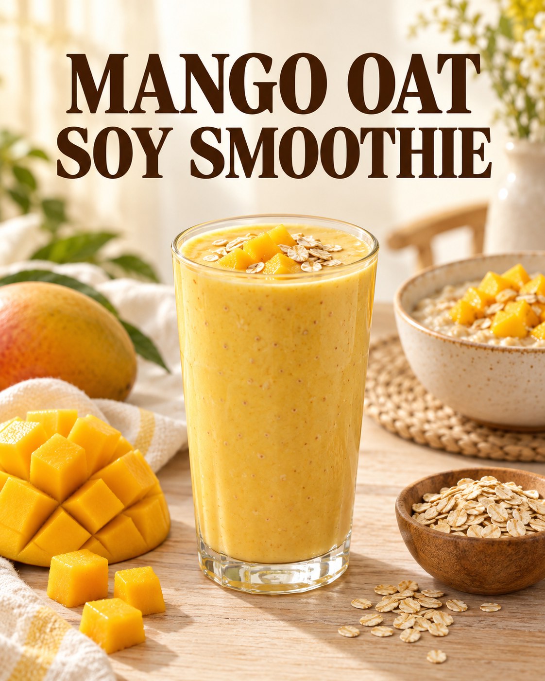 Yellow mango oat soy smoothie beside mango cubes and oats with a separate breakfast bowl in the background.