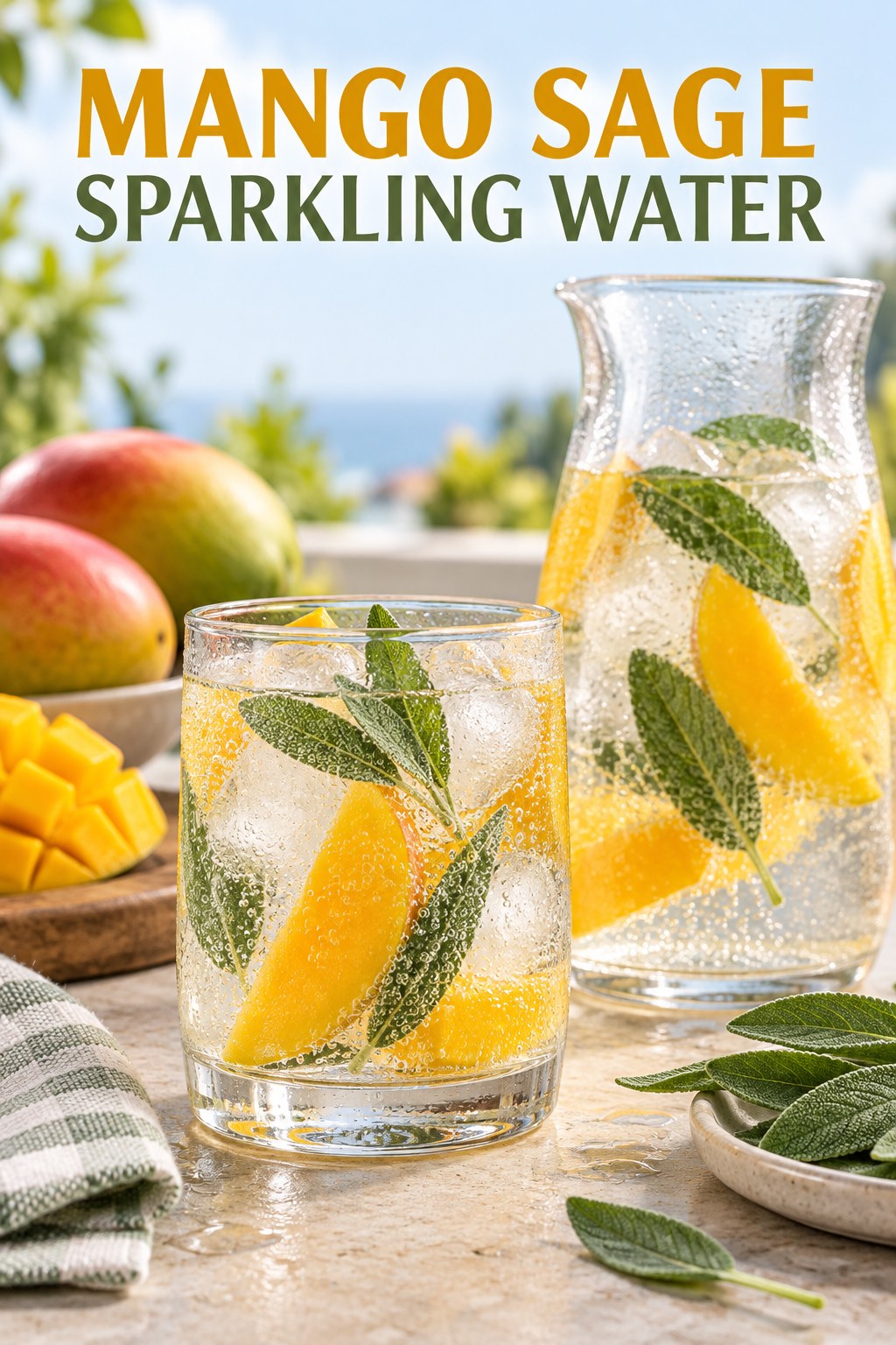 Portrait drink scene with mango, fresh sage, ice, and a chilled glass of sparkling water.
