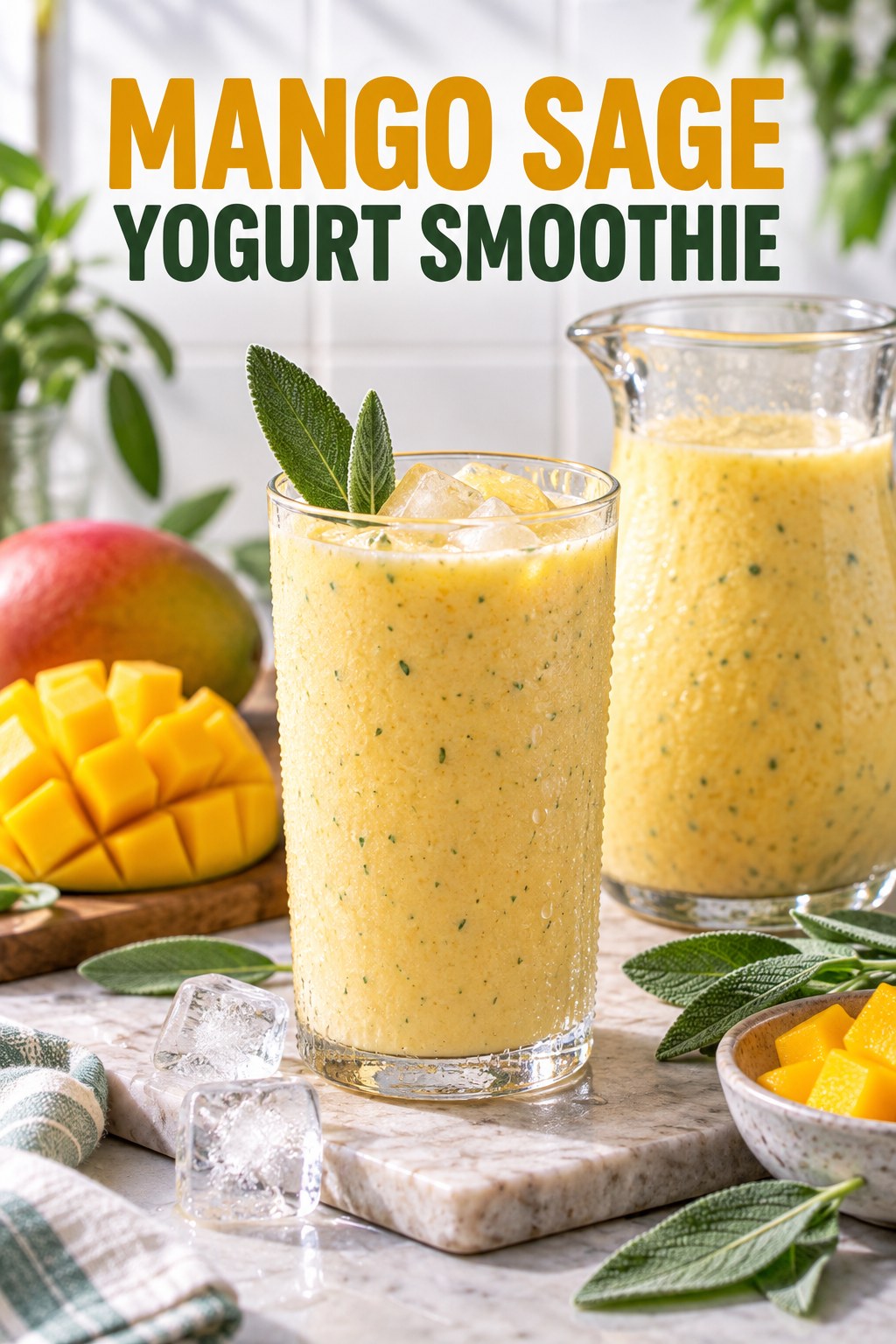 Portrait drink scene with mango, fresh sage, ice, and a chilled glass of yogurt smoothie.