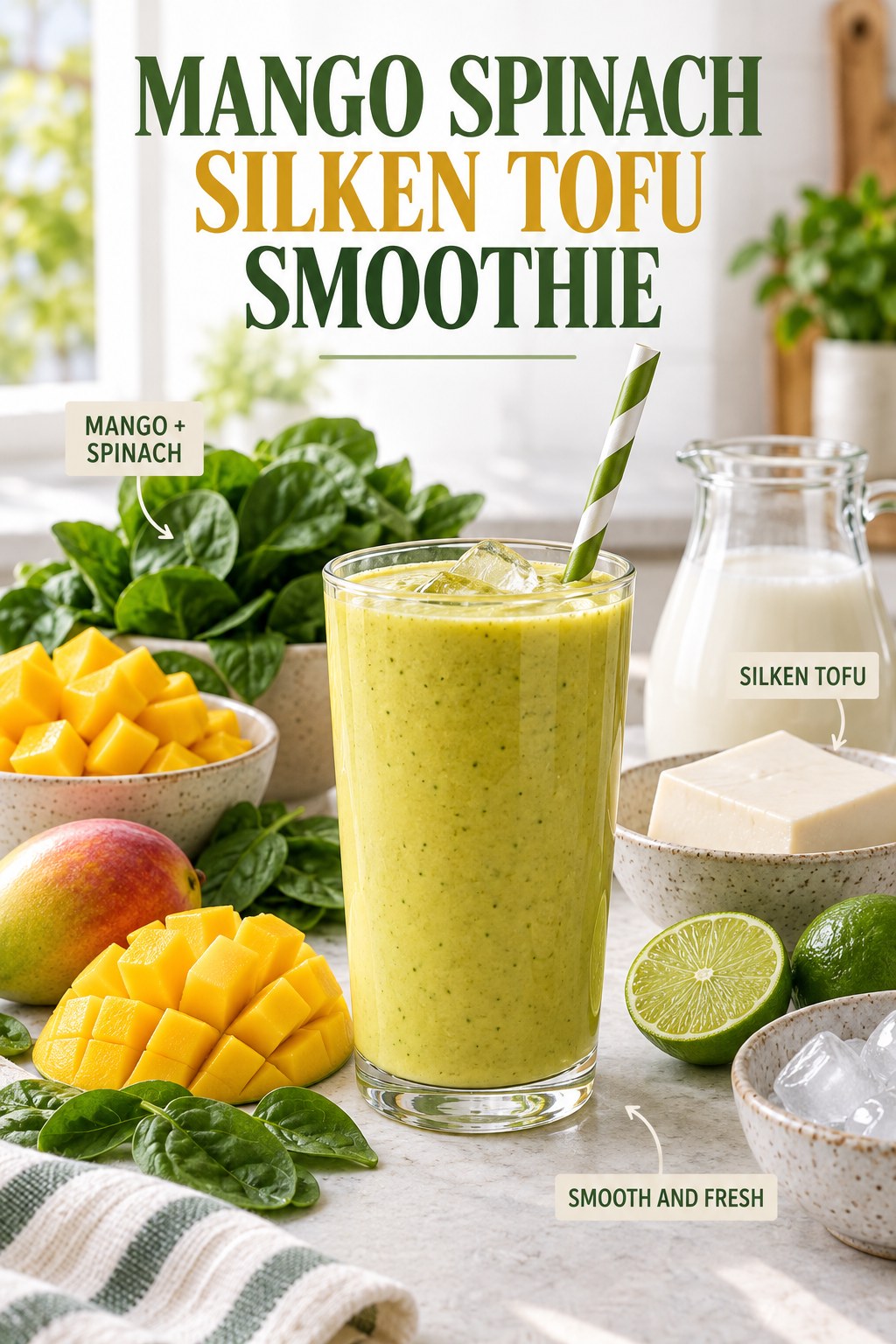 Mango spinach silken tofu smoothie with milk, lime, and ice