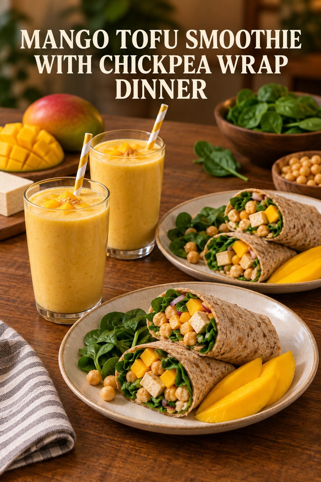 Two servings of mango tofu smoothie with chickpea wrap dinner made with mango, tofu, and vegetables.