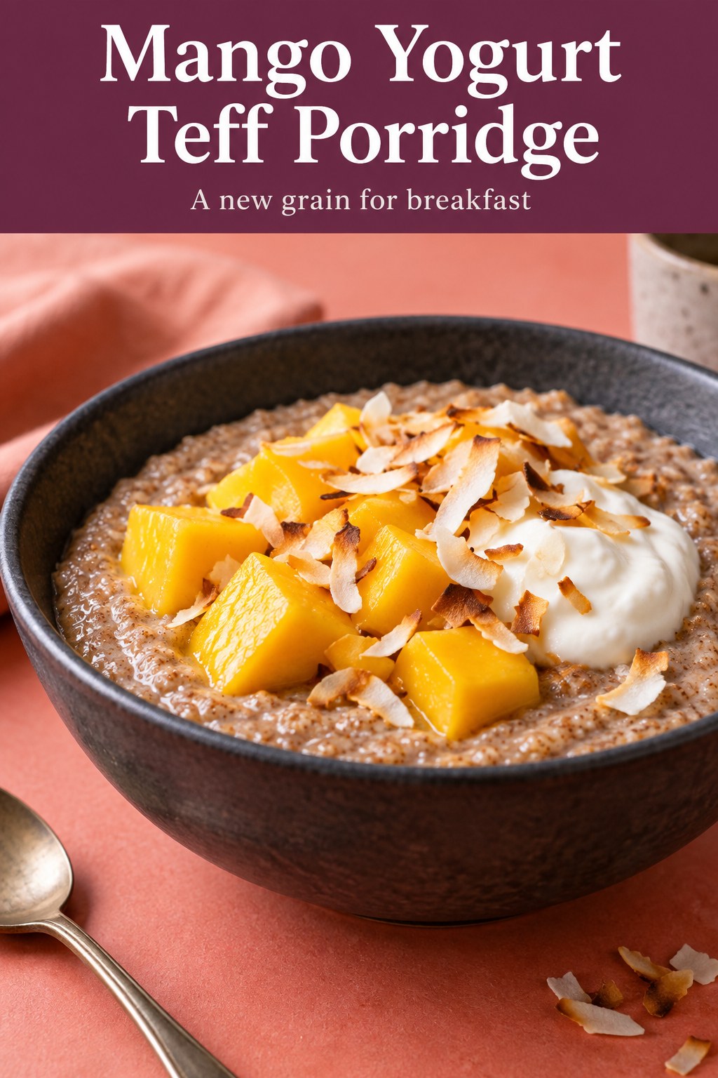 Creamy teff porridge topped with mango cubes, yogurt, and coconut flakes in a charcoal bowl.