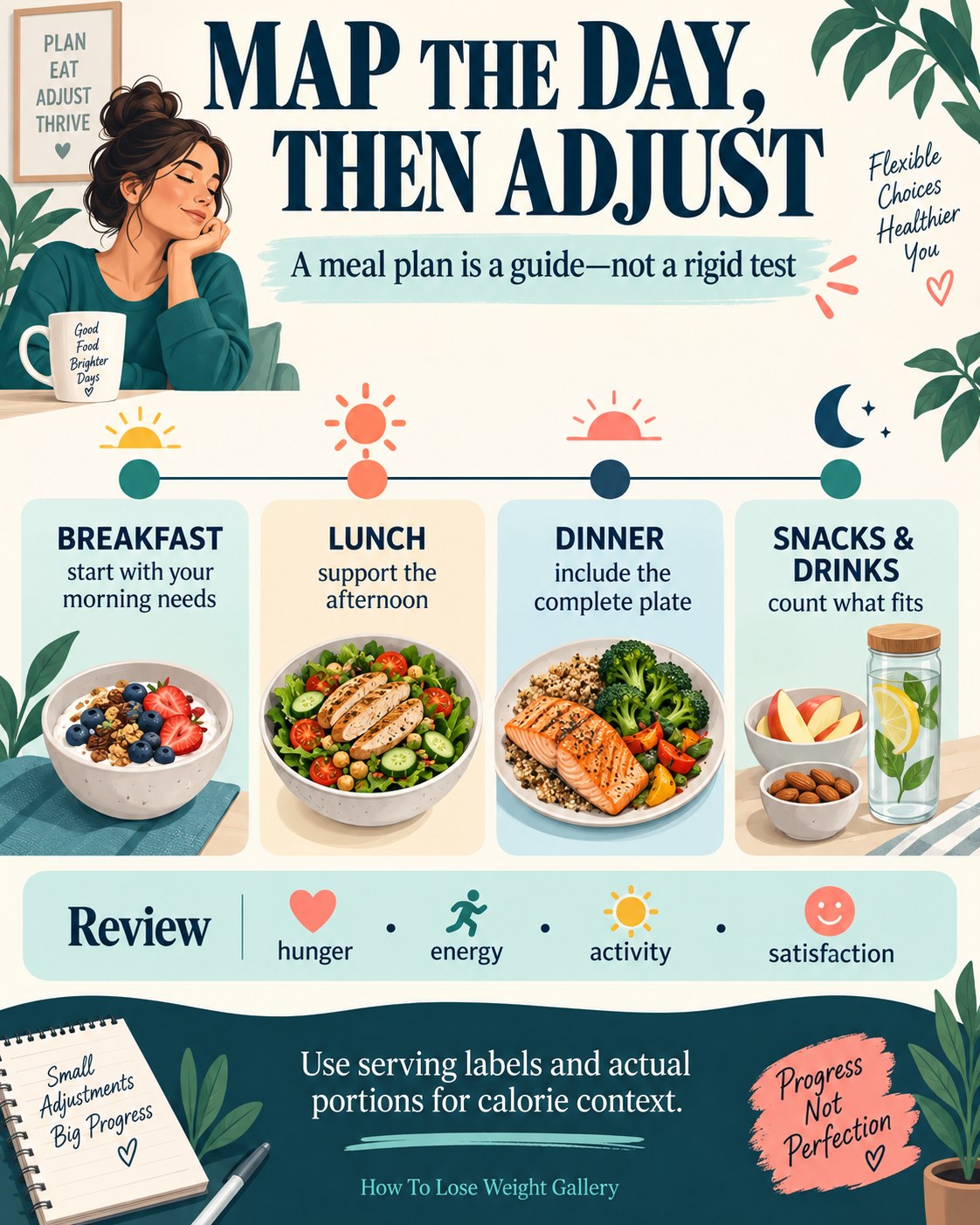 Daily meal-plan infographic mapping breakfast, lunch, dinner, snacks, drinks, and a hunger-energy-activity-satisfaction review