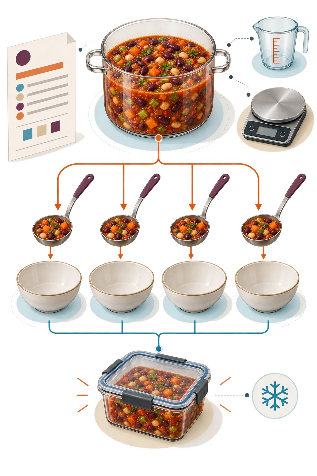 Vertical blueprint-style infographic showing a bean stew pot, measuring tools, four equal ladle portions, bowls, and a covered leftover container.
