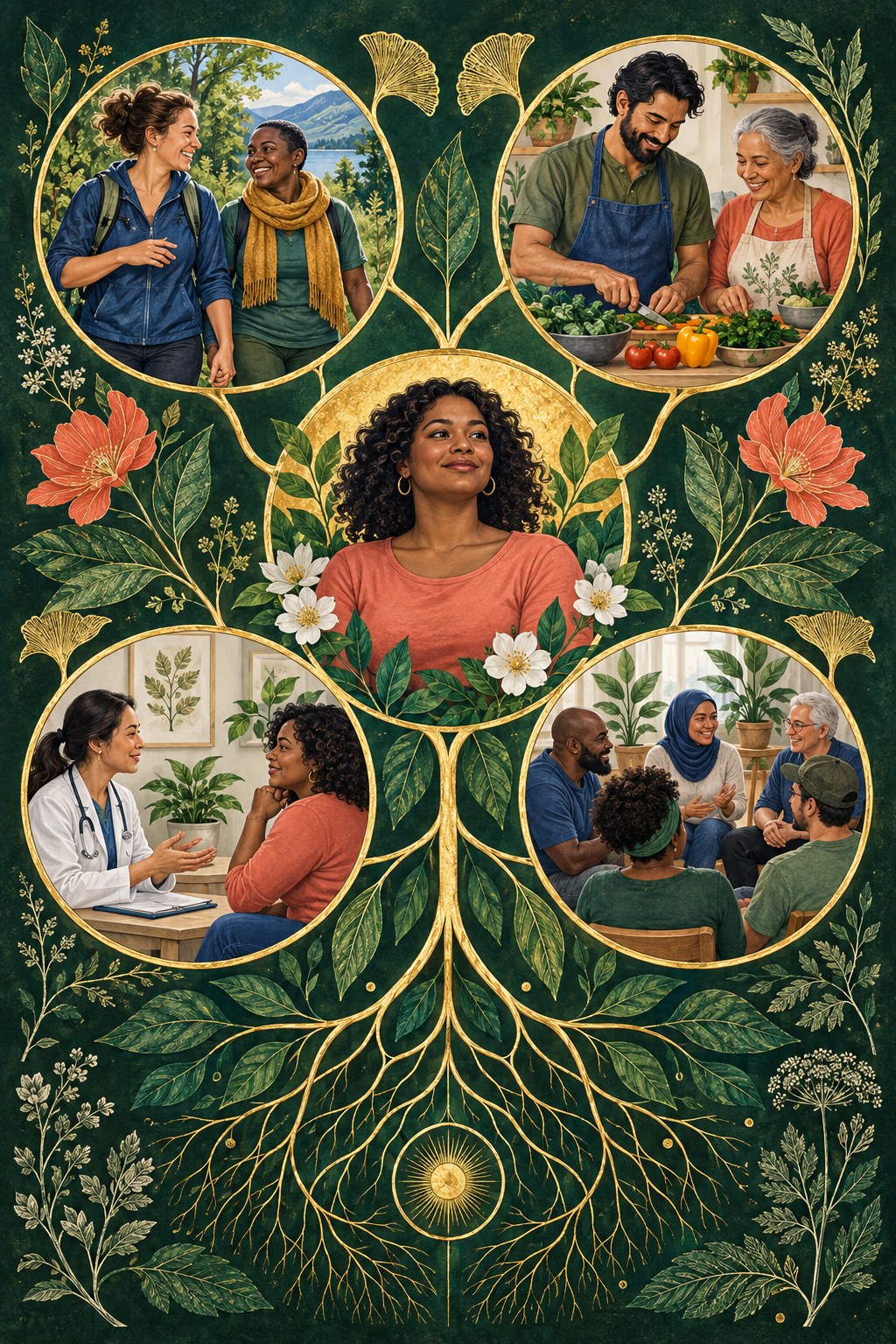 Botanical network linking an adult with a walking friend, family cooking partner, clinician, and supportive community group.