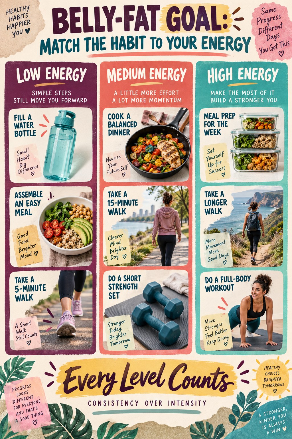 Portrait motivation infographic with low-, medium-, and high-energy versions of meal, walking, strength, and preparation habits.