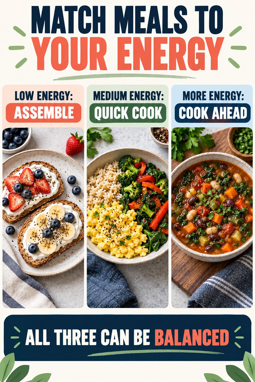 Portrait infographic titled Match Meals to Your Energy showing low-energy assemble toast, medium-energy quick-cook eggs and vegetables, and higher-energy cook-ahead bean soup.