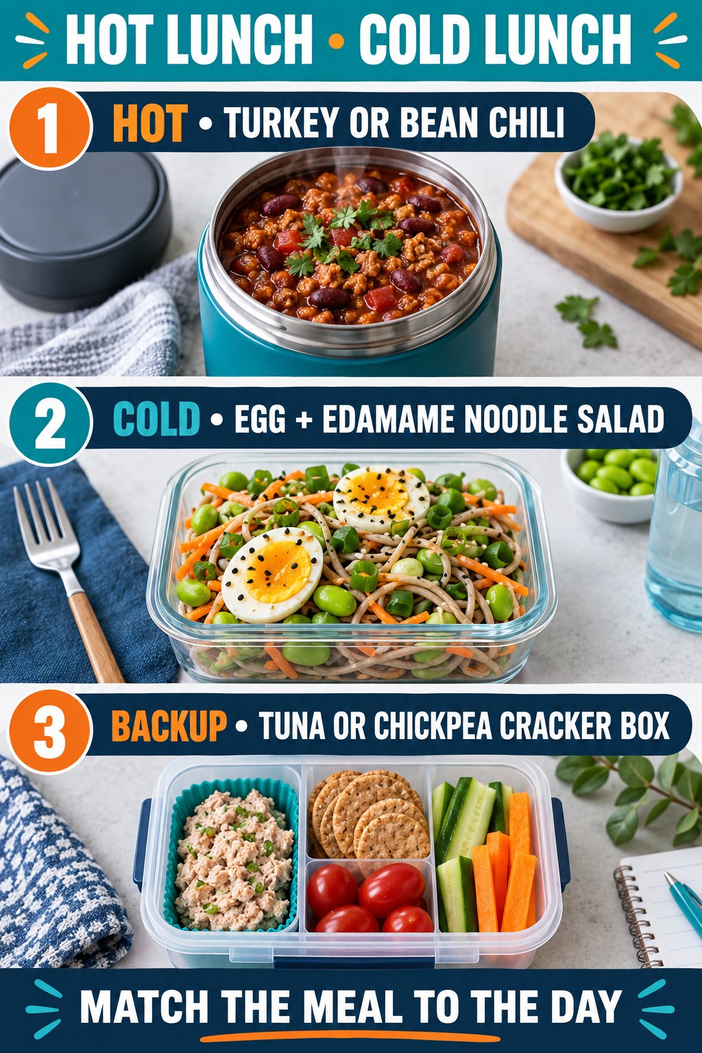 Hot chili, cold egg and edamame noodle salad, and tuna or chickpea cracker lunch box.