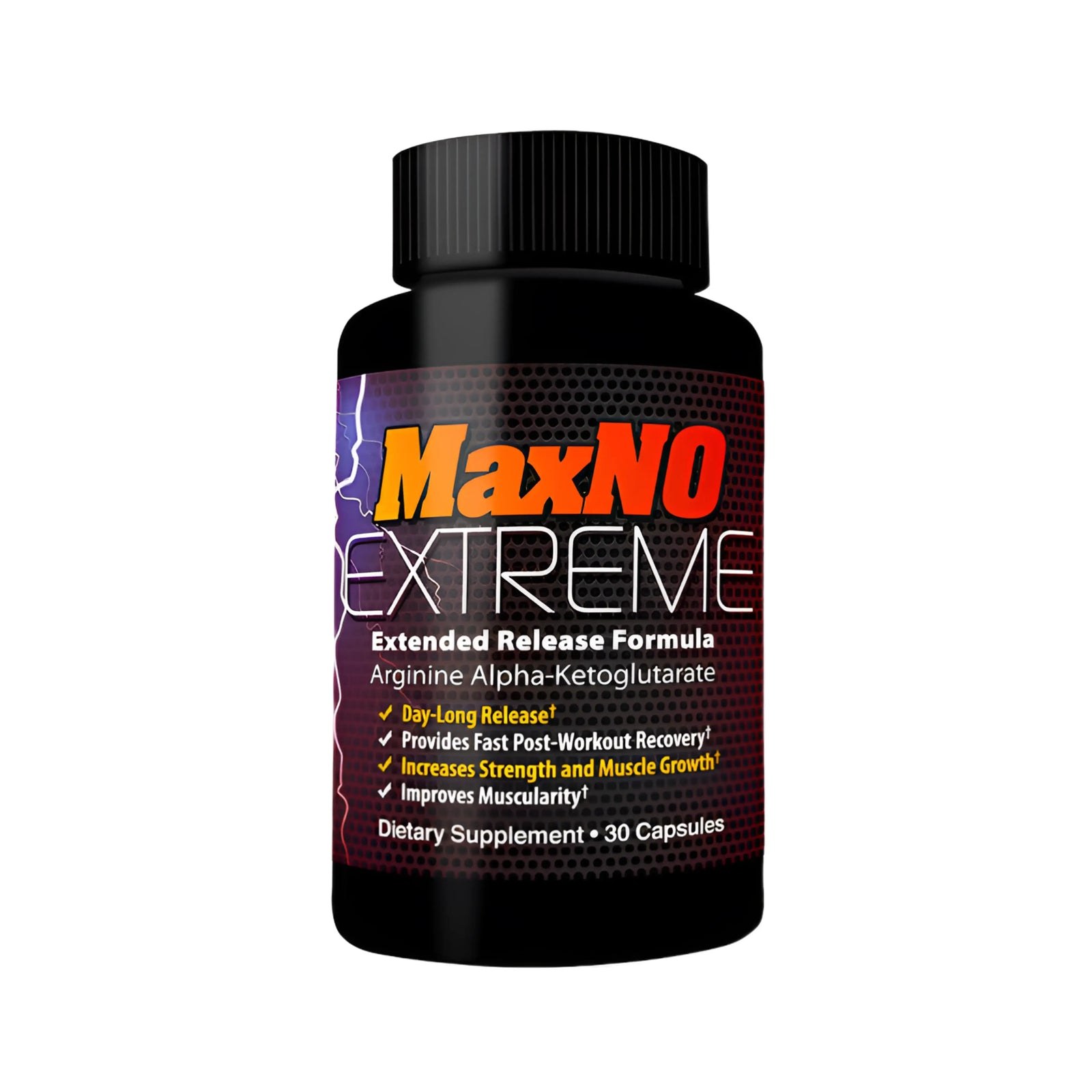 MaxNO Extreme black supplement bottle labeled arginine alpha-ketoglutarate and 30 capsules
