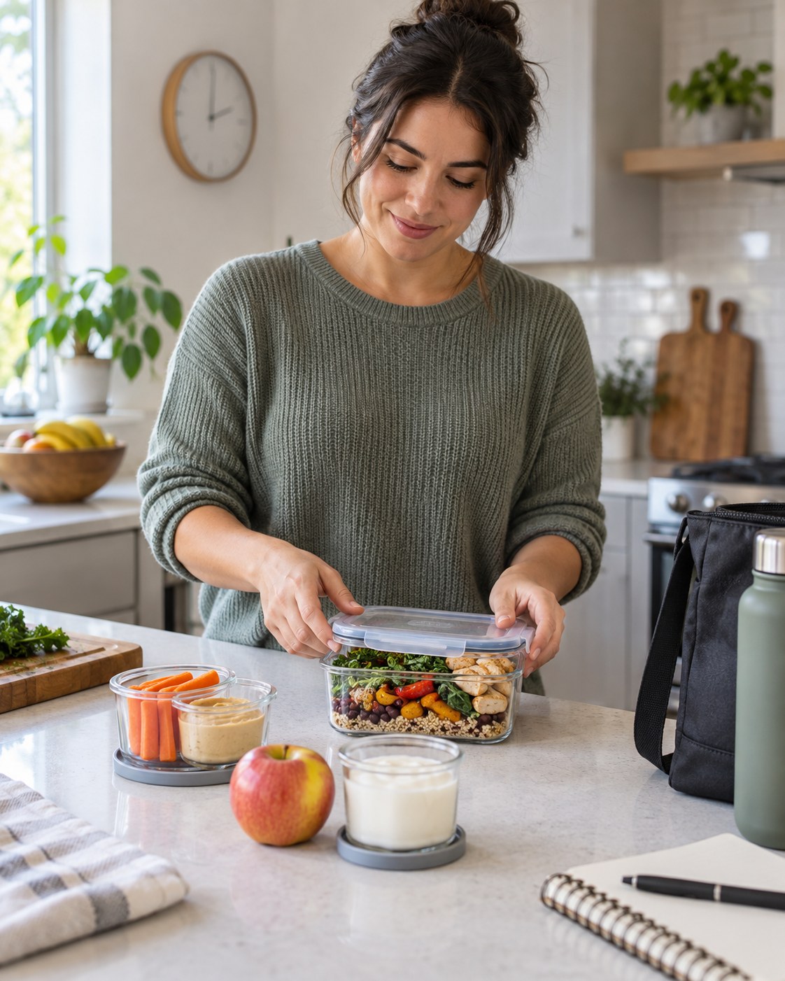 Woman packing a grain bowl, apple, yogurt, carrots, and hummus for work