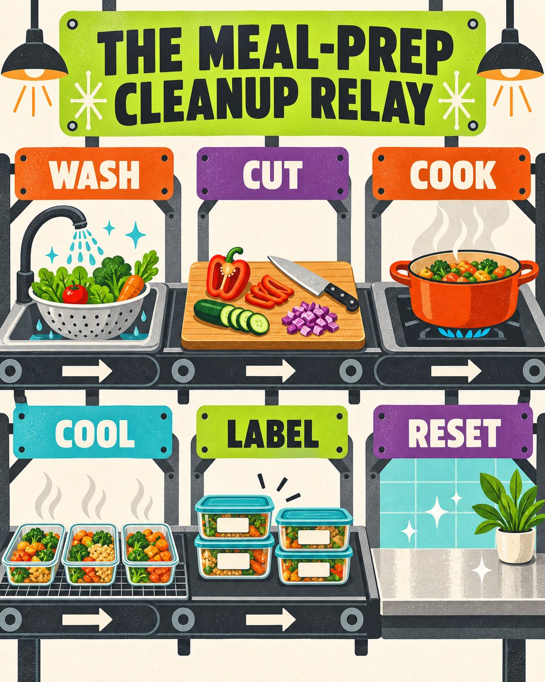 Lime, orange, purple, aqua, cream, and charcoal conveyor-belt infographic showing six meal-prep cleanup stations.
