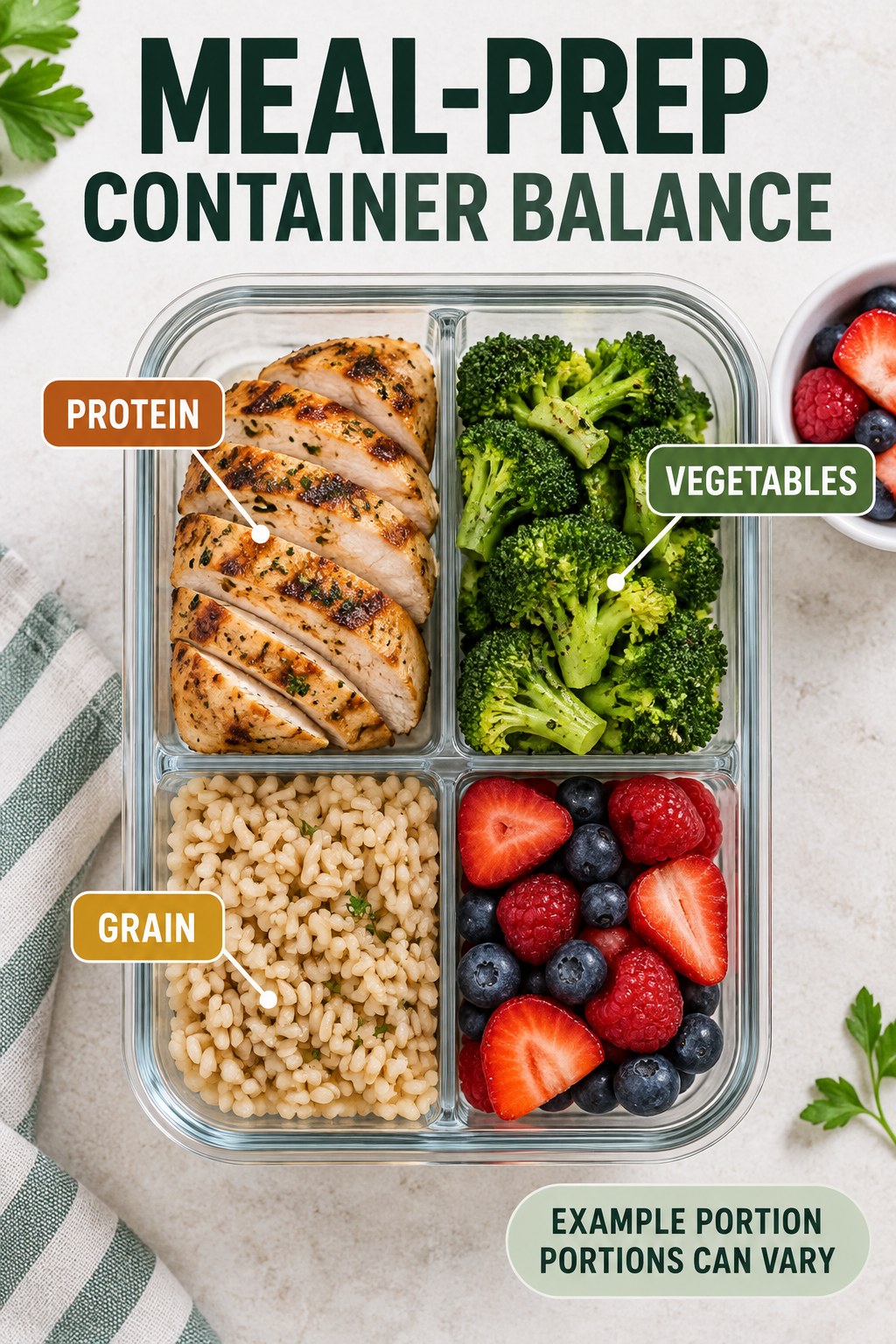 Meal-Prep Container Balance visual using grilled chicken, brown rice, broccoli, and berries as flexible example portions for Meal Prep Ideas.