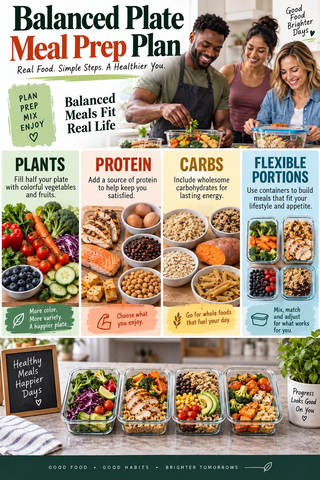 Portrait infographic organizing meal prep into eat-today meals, later-week components, freezer portions, and pantry backup options for unpredictable schedules.