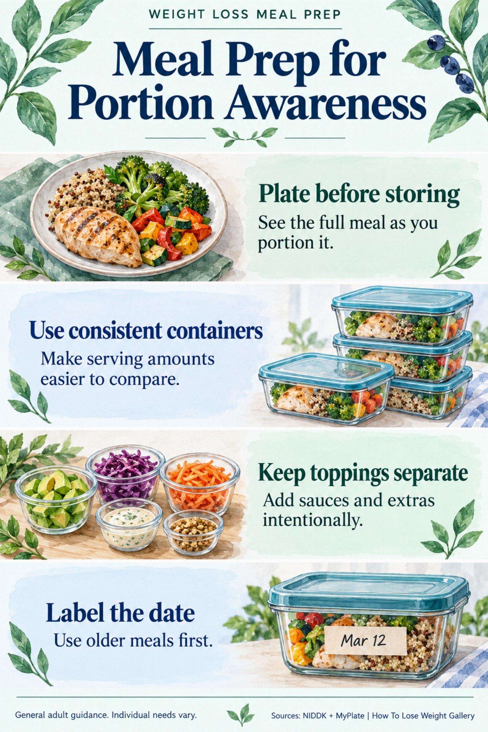 Colorful infographic titled Meal Prep for Portion Awareness with four illustrated tips for Weight Loss Meal Prep.