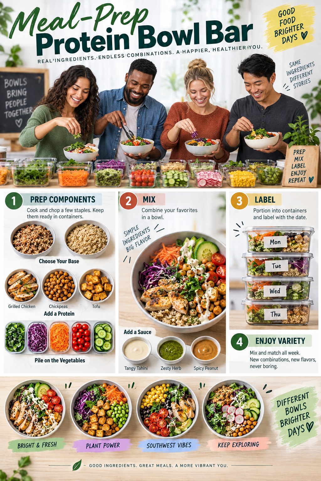 Portrait infographic showing a meal-prep protein bowl bar with two bases, chicken chickpeas and tofu, colorful vegetables, sauces and labeled containers.