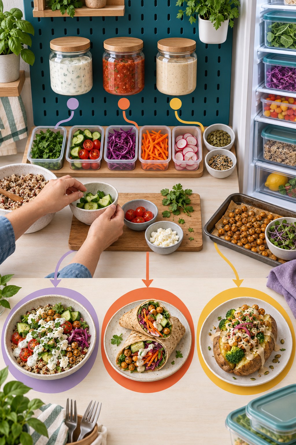 Vertical infographic showing three covered sauces, prepared toppings, and three different dinners: a grain bowl, wrap, and baked potato.