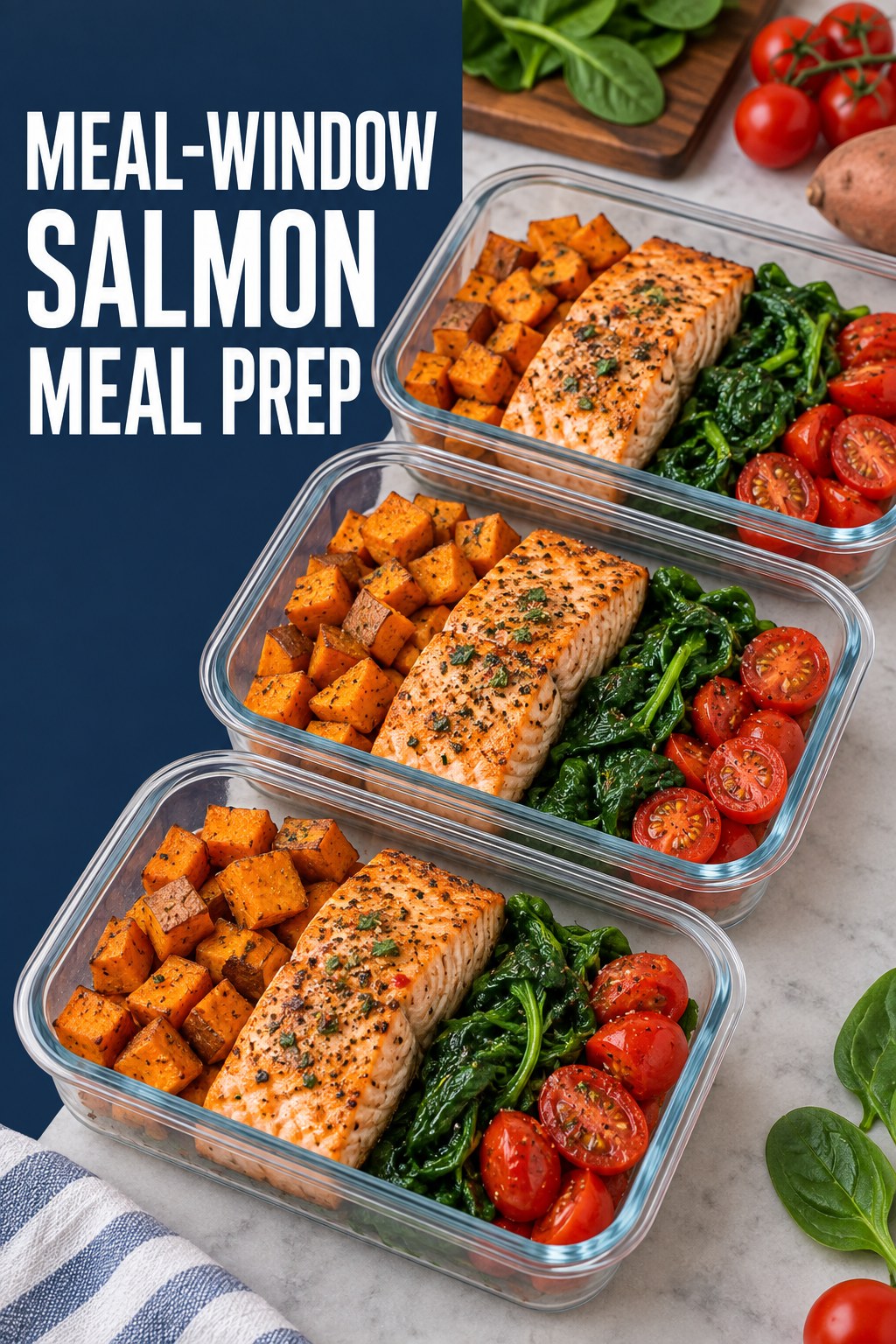 Three containers of meal-window salmon sweet potato prep boxes with salmon, sweet potato, spinach, and tomato.