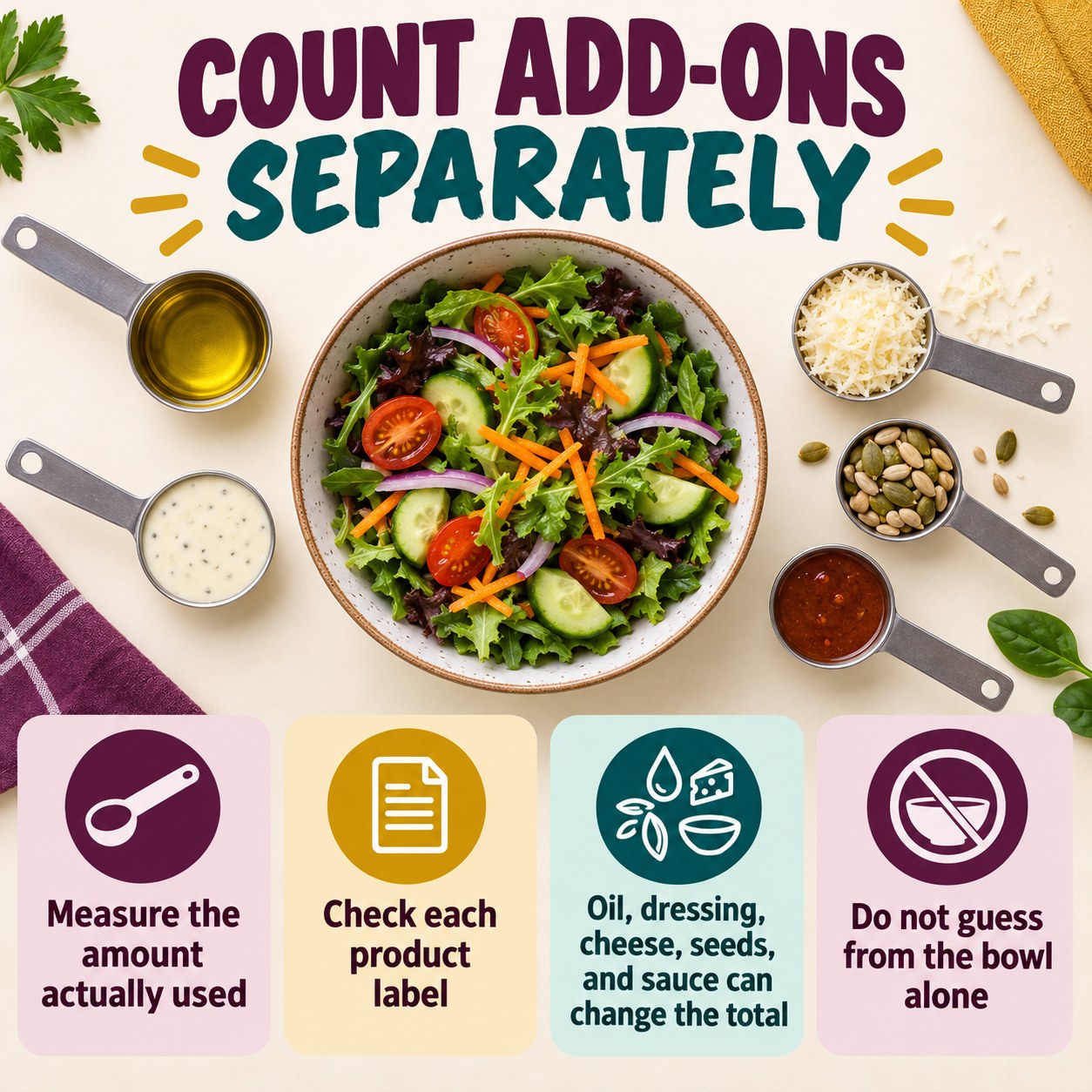 Infographic reminding readers to measure and count oils, dressings, cheese, seeds, and sauces separately