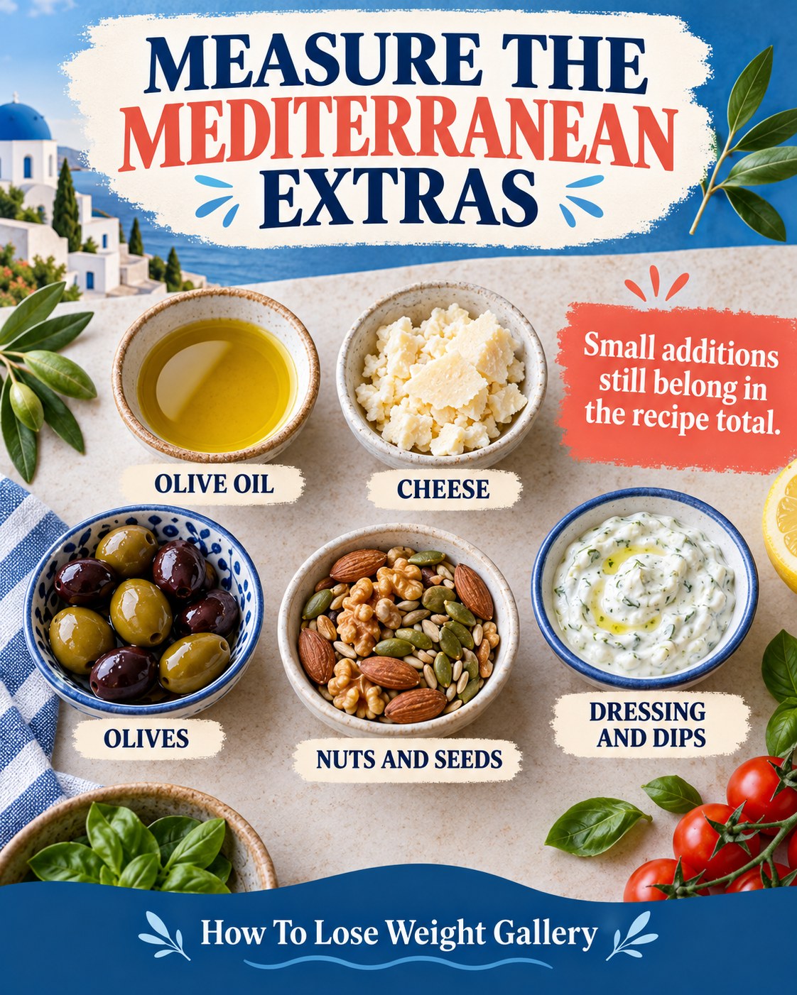 Mediterranean extras infographic with labeled olive oil, cheese, olives, nuts and seeds, dressings and dips