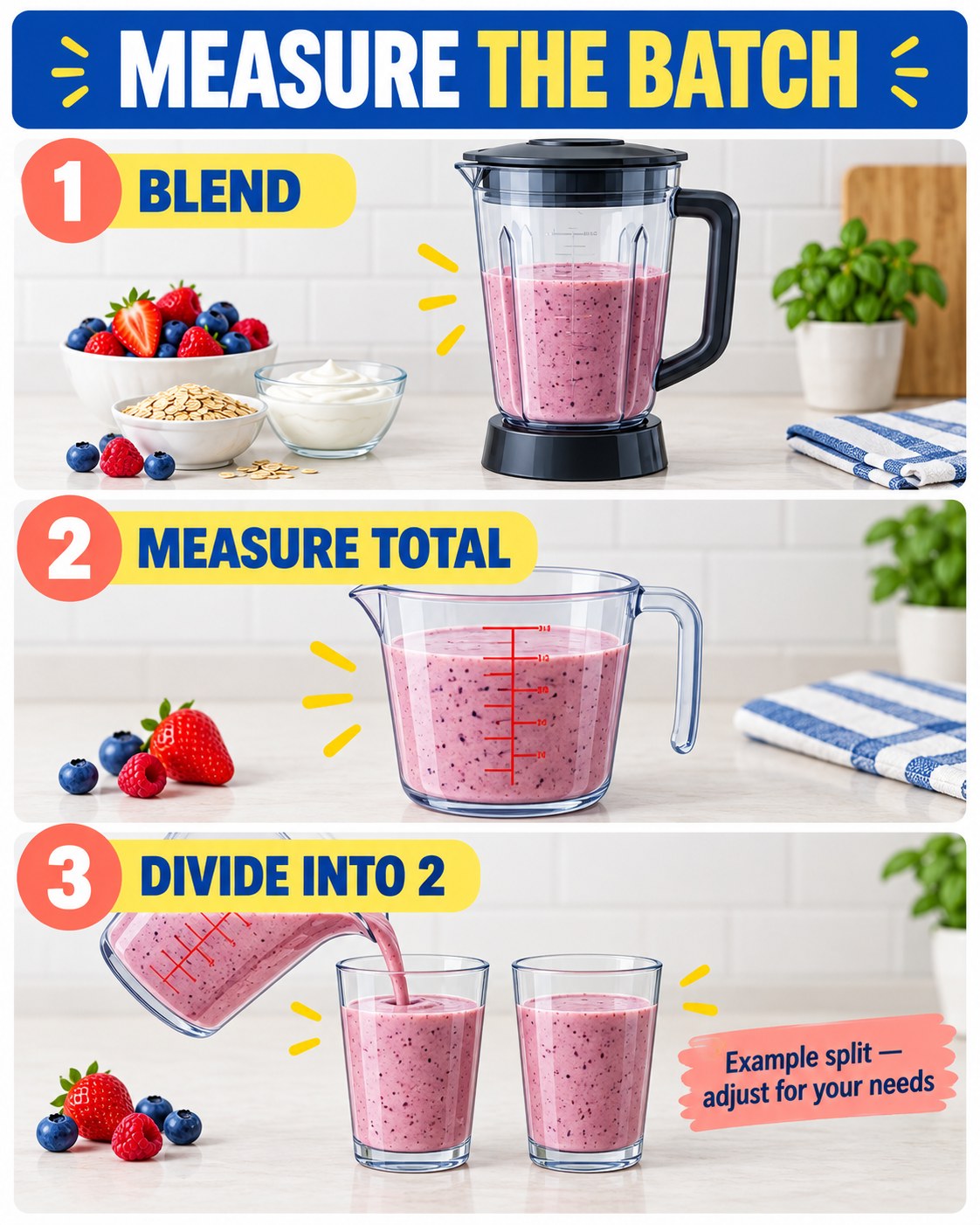 Blue and yellow infographic showing a berry smoothie blended, measured in a jug, and divided into two glasses.