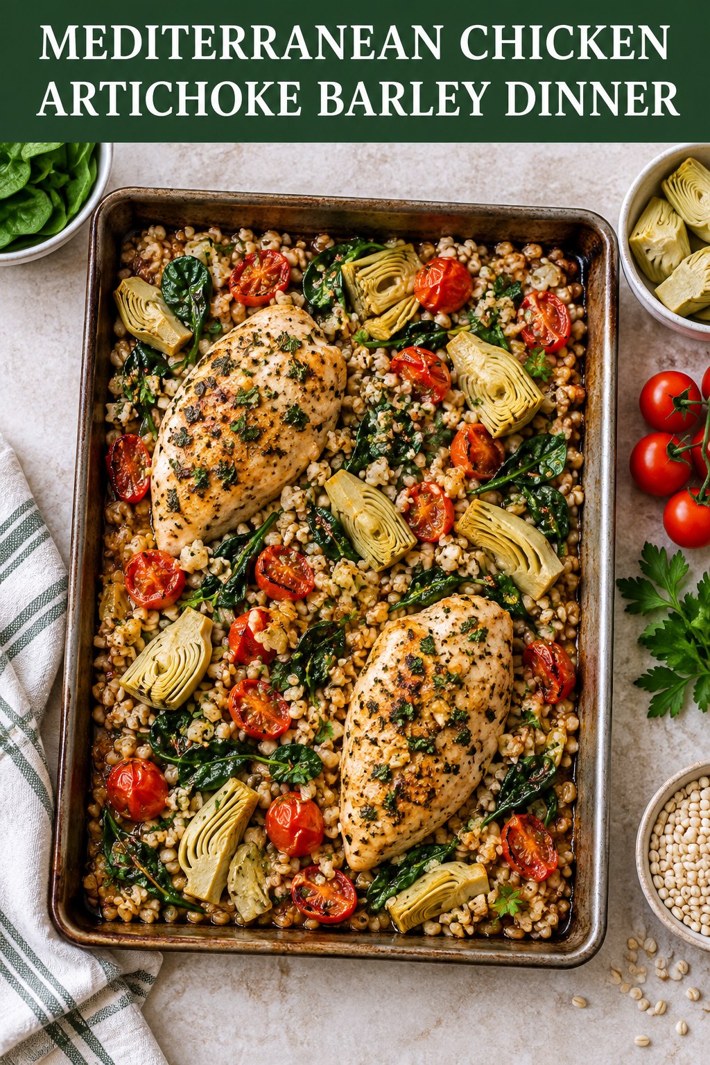 Two servings of mediterranean chicken artichoke barley dinner made with chicken, barley, and vegetables.