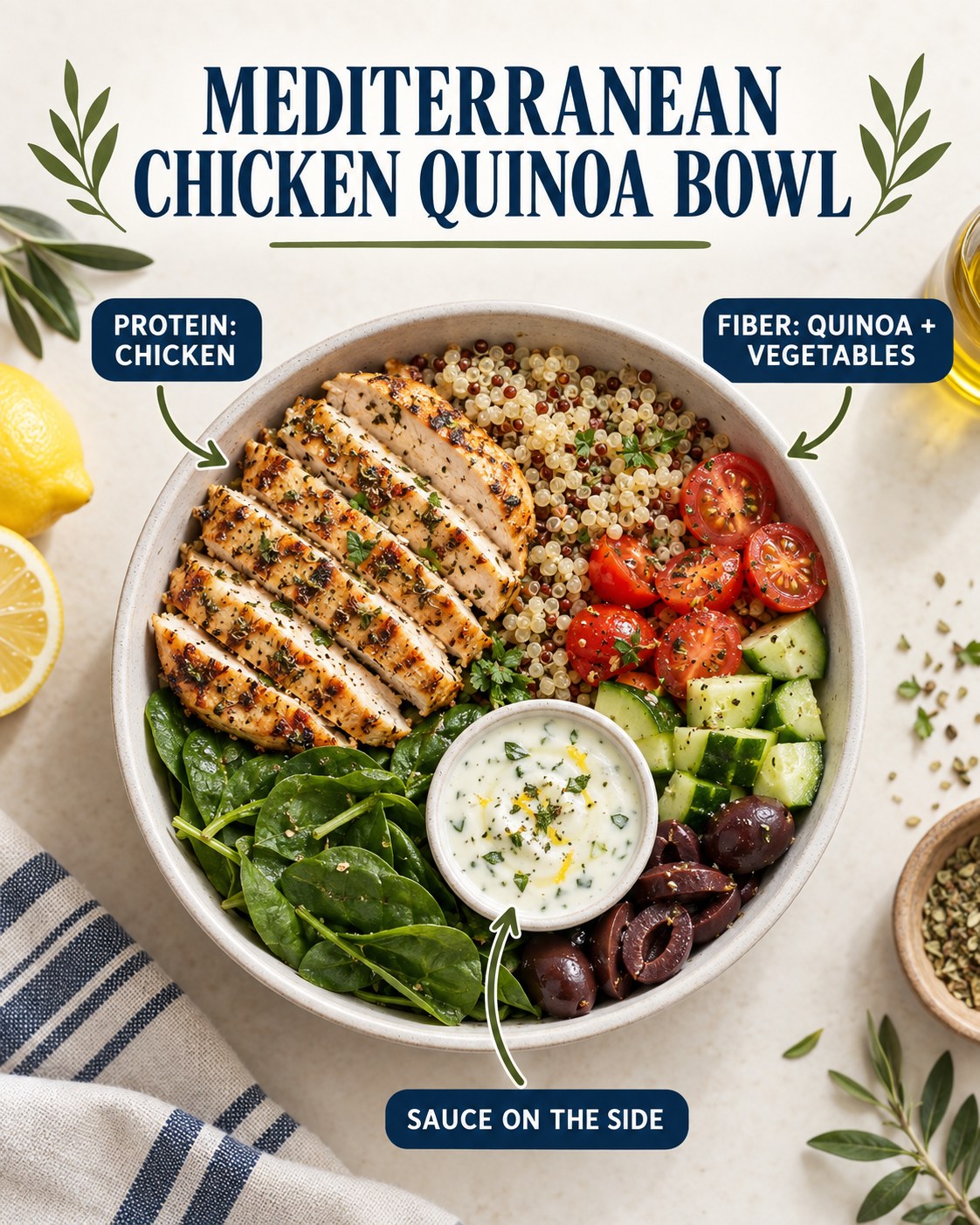 Mediterranean chicken quinoa lunch bowl with cucumber, tomatoes, spinach, olives, lemon-herb yogurt, and labeled packing tips.