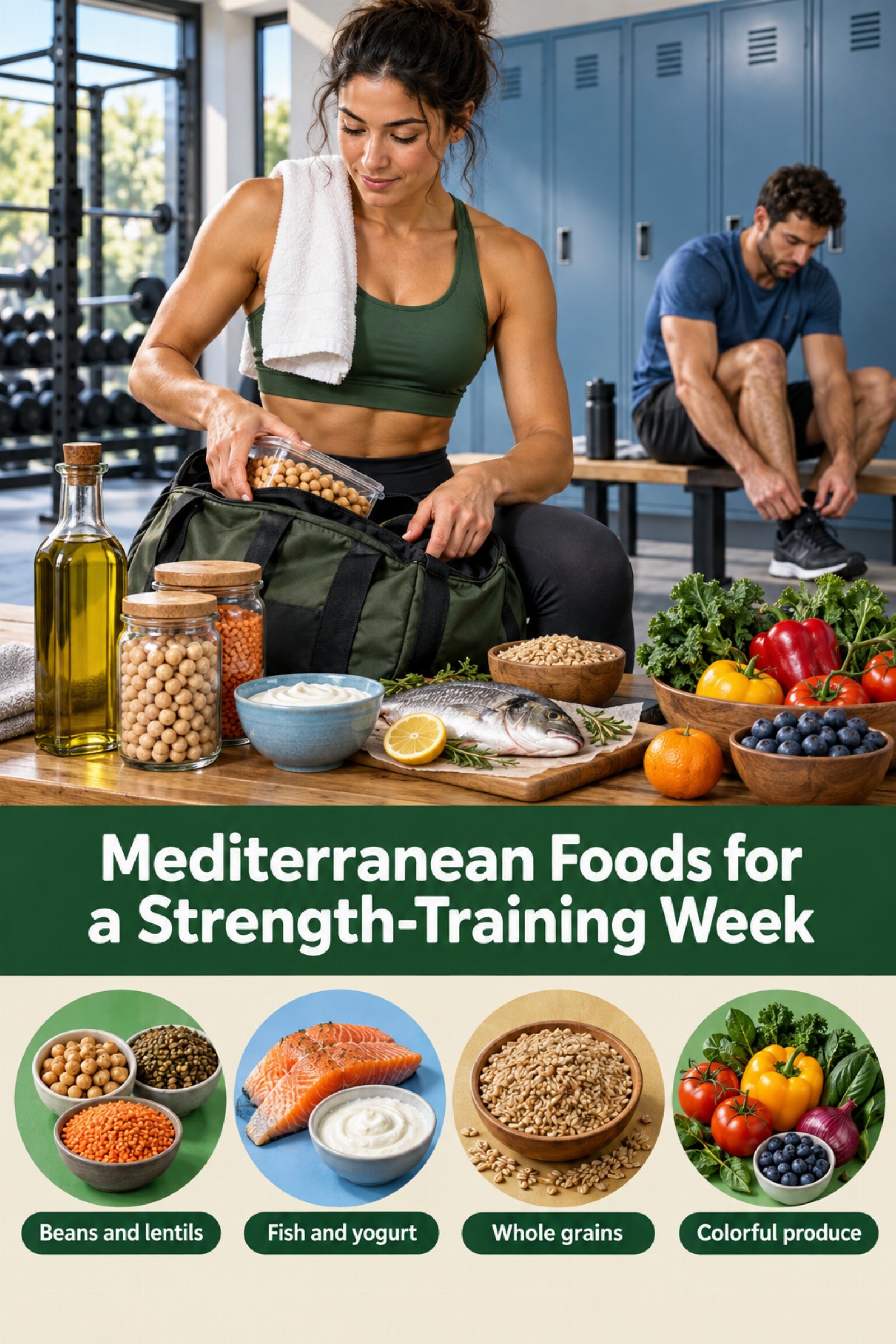Pantry-to-gym visual map with legumes, fish, grains, produce, and olive oil. The image supports Mediterranean Foods for a Strength-Training Week.