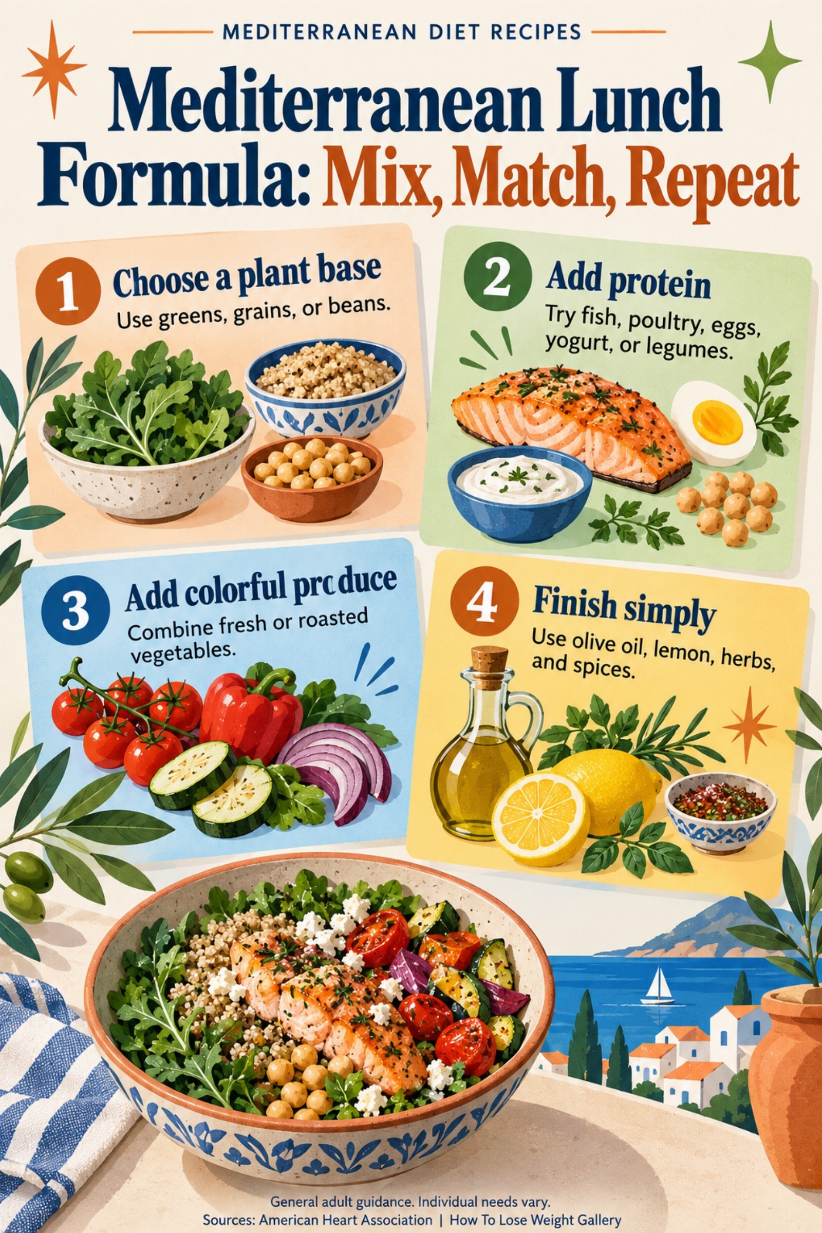 Colorful infographic titled Mediterranean Lunch Formula: Mix, Match, Repeat with four illustrated tips for Mediterranean Diet Recipes.