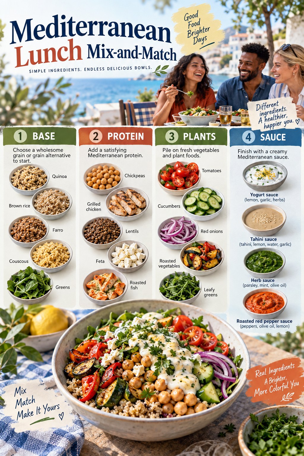 Portrait infographic showing Mediterranean lunch bases, chickpeas lentils fish or chicken, vegetables, and yogurt tahini herb and pepper sauces.