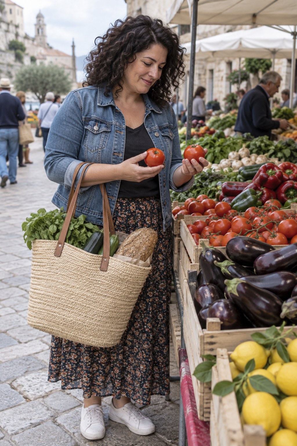 Woman holding tomatoes at a produce stall with a woven tote containing greens, zucchini, and a loaf of bread.