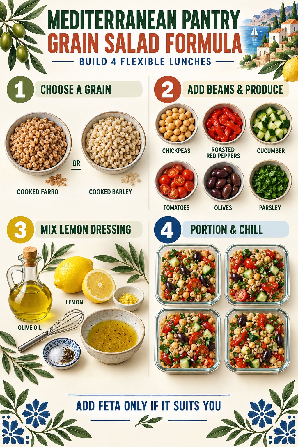 Mediterranean grain salad formula with whole grains, beans, vegetables, herbs, lemon, and olive oil.
