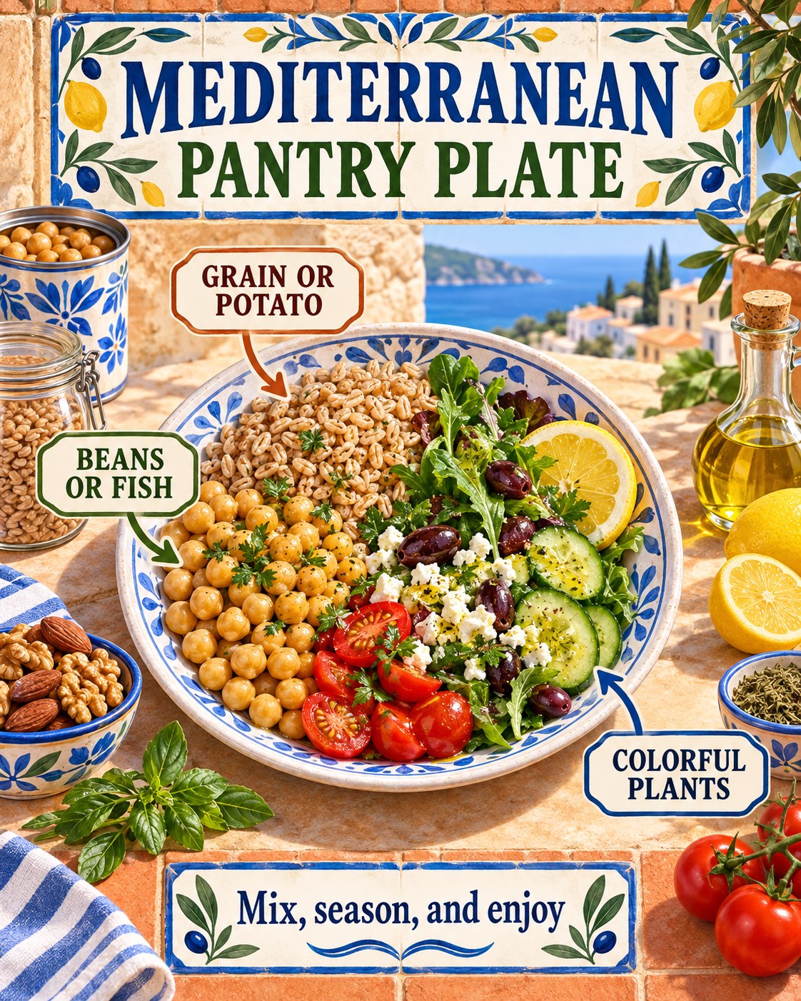 Terracotta and cobalt Mediterranean tile infographic showing farro, chickpeas, vegetables, feta, olives, lemon, herbs, and olive oil.