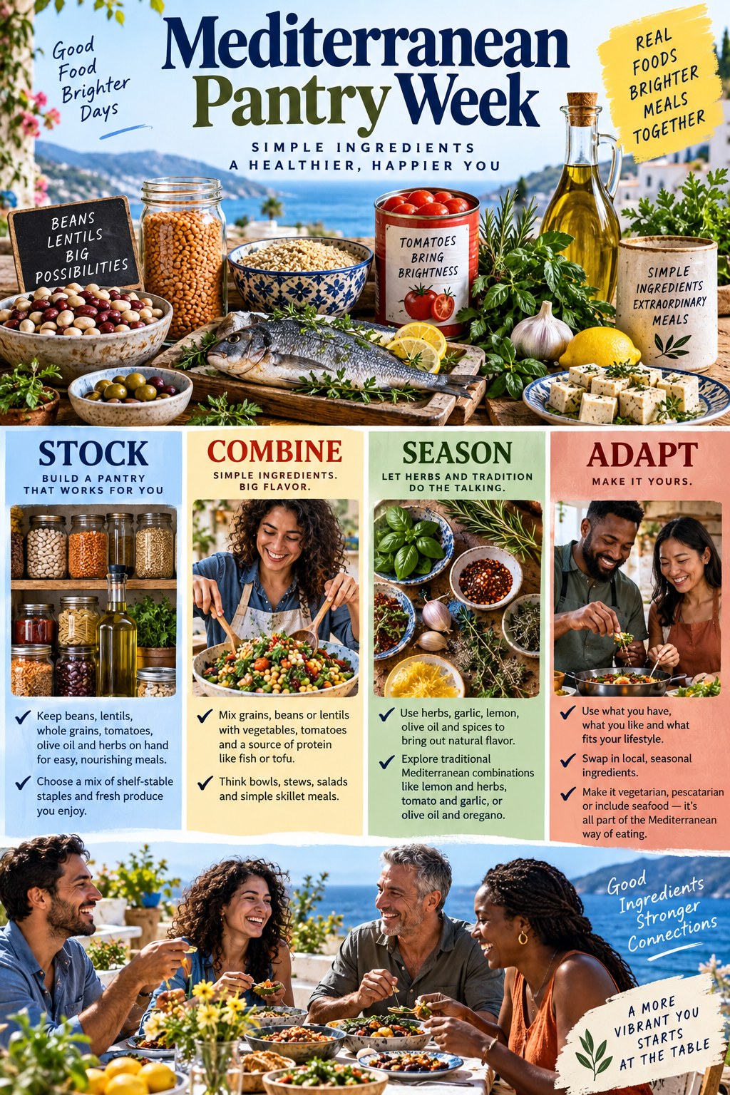 Portrait infographic showing a Mediterranean pantry with beans, lentils, canned tomatoes, grains, olive oil, herbs, vegetables, fish and tofu.