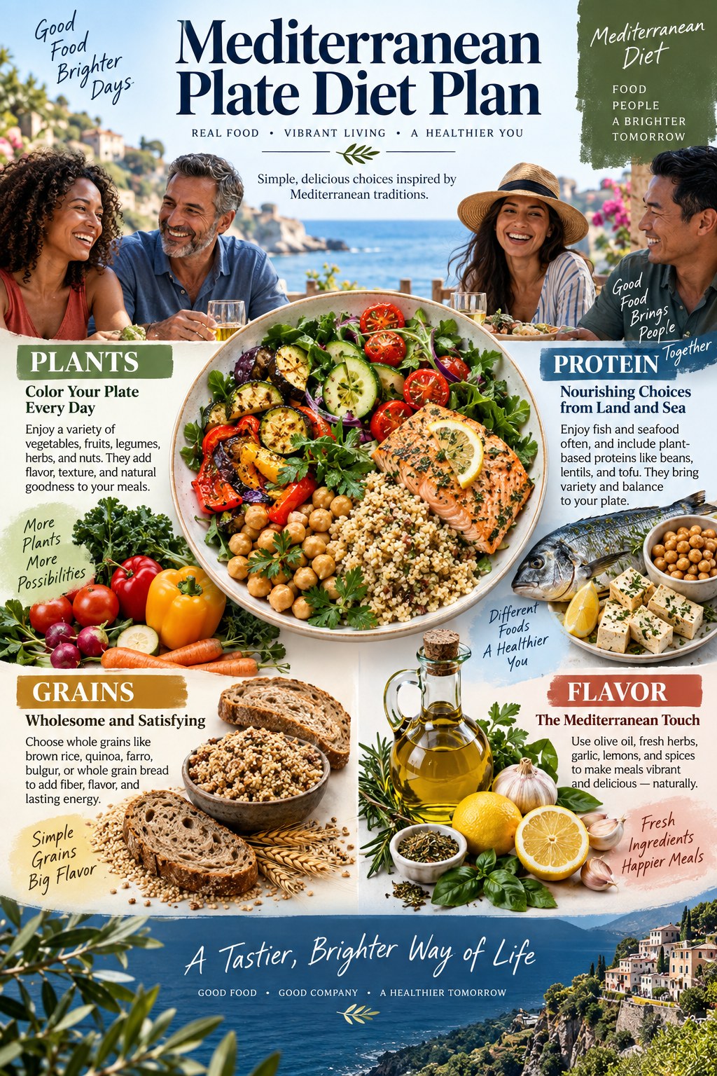 Portrait infographic showing a Mediterranean plate with vegetables, beans, whole grains, fish or tofu, olive oil, fruit, herbs and shared meals.