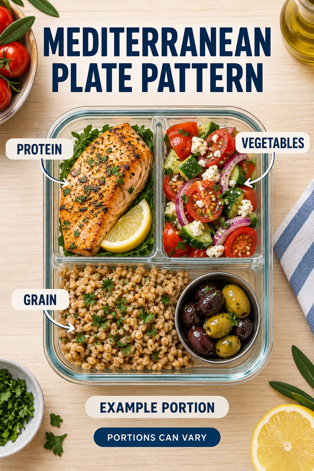 Mediterranean Plate Pattern visual using salmon, farro, tomato salad, and olives as flexible example portions for Mediterranean Diet.