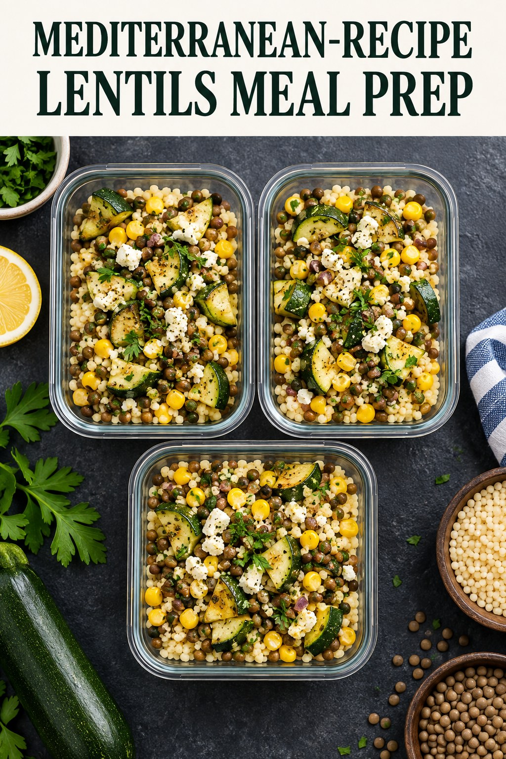Three containers of mediterranean-recipe lentils couscous prep boxes with lentils, couscous, corn, and zucchini.