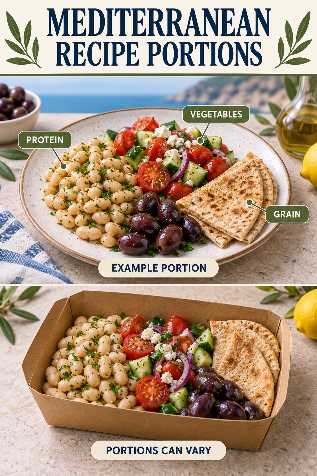 Mediterranean Recipe Portions visual using white beans, whole-grain pita, tomato salad, and olives as flexible example portions for Mediterranean Diet Recipes.