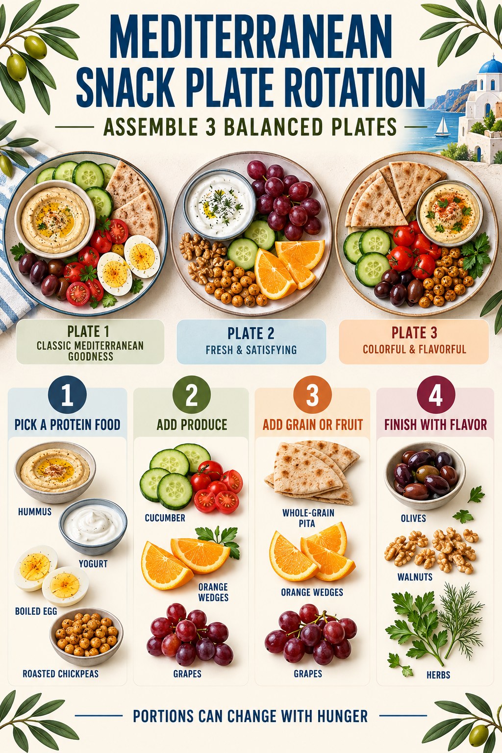Mediterranean snack plate rotation with fruit, vegetables, yogurt, hummus, whole grains, olives, and nuts.