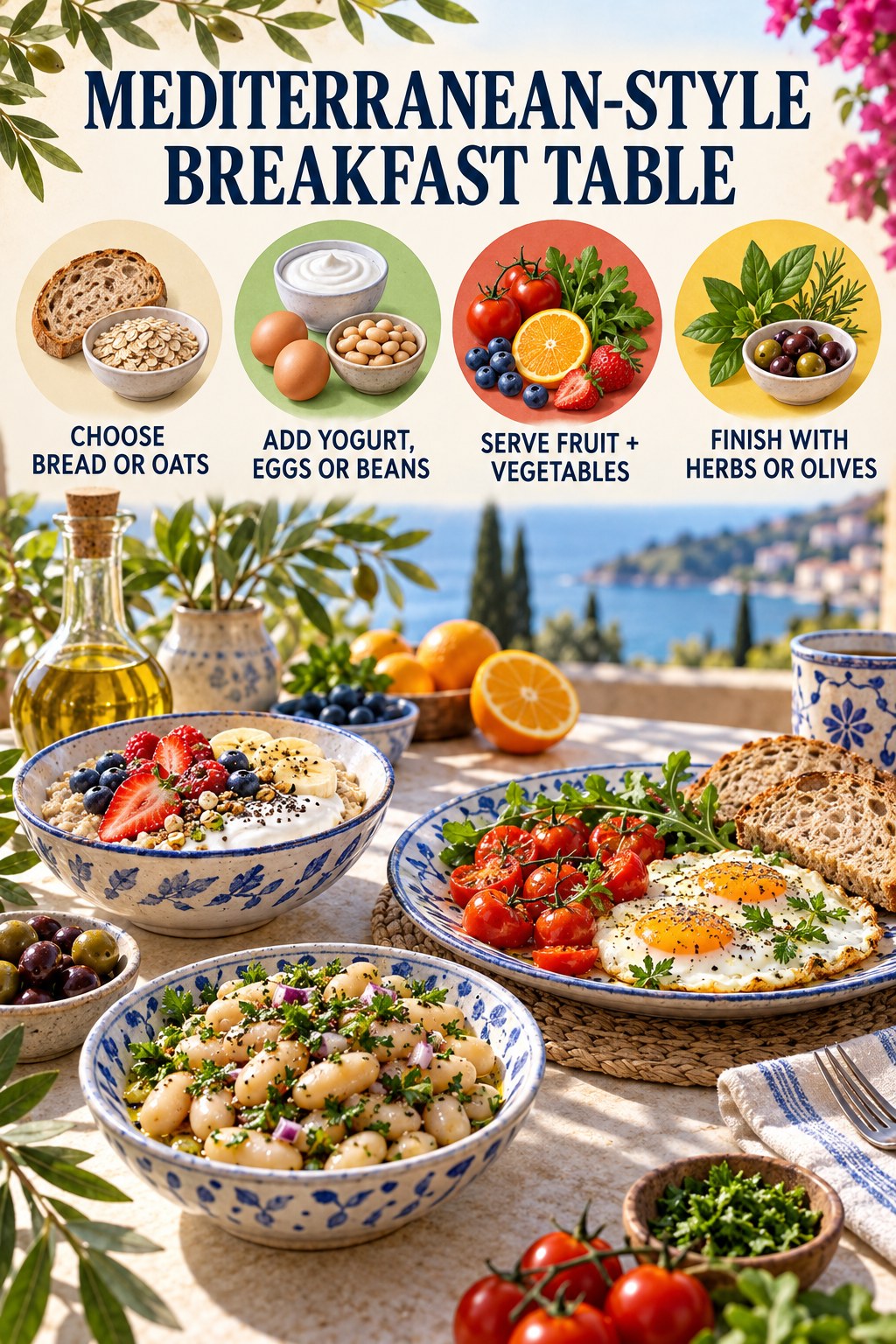 Mediterranean-style breakfast infographic with bread and oats, yogurt, eggs, beans, fruit, vegetables, herbs, olives, and three breakfast plates.