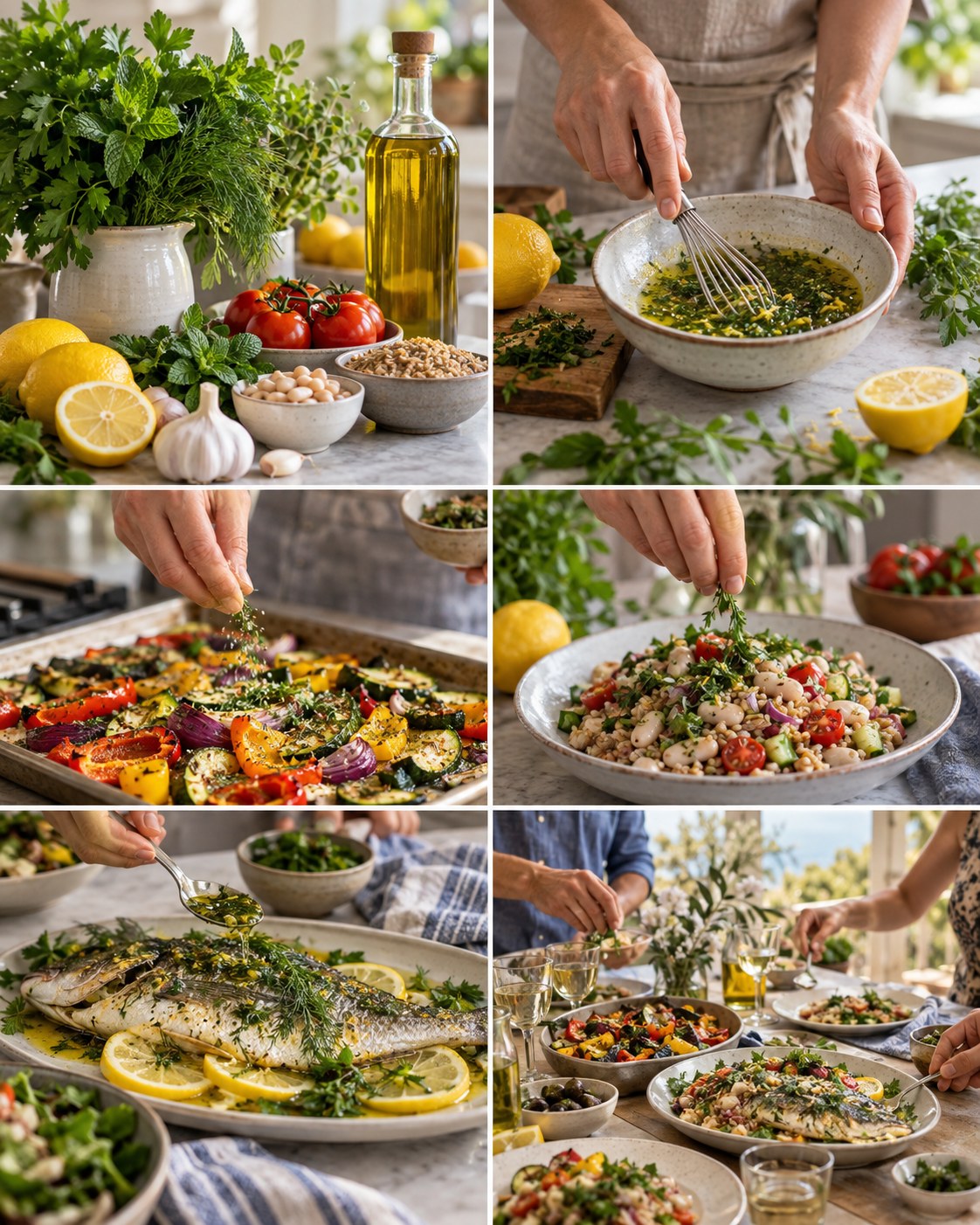 Herbs, lemons, garlic, olive oil, roasted vegetables, beans, grains, and fish used in Mediterranean-style cooking