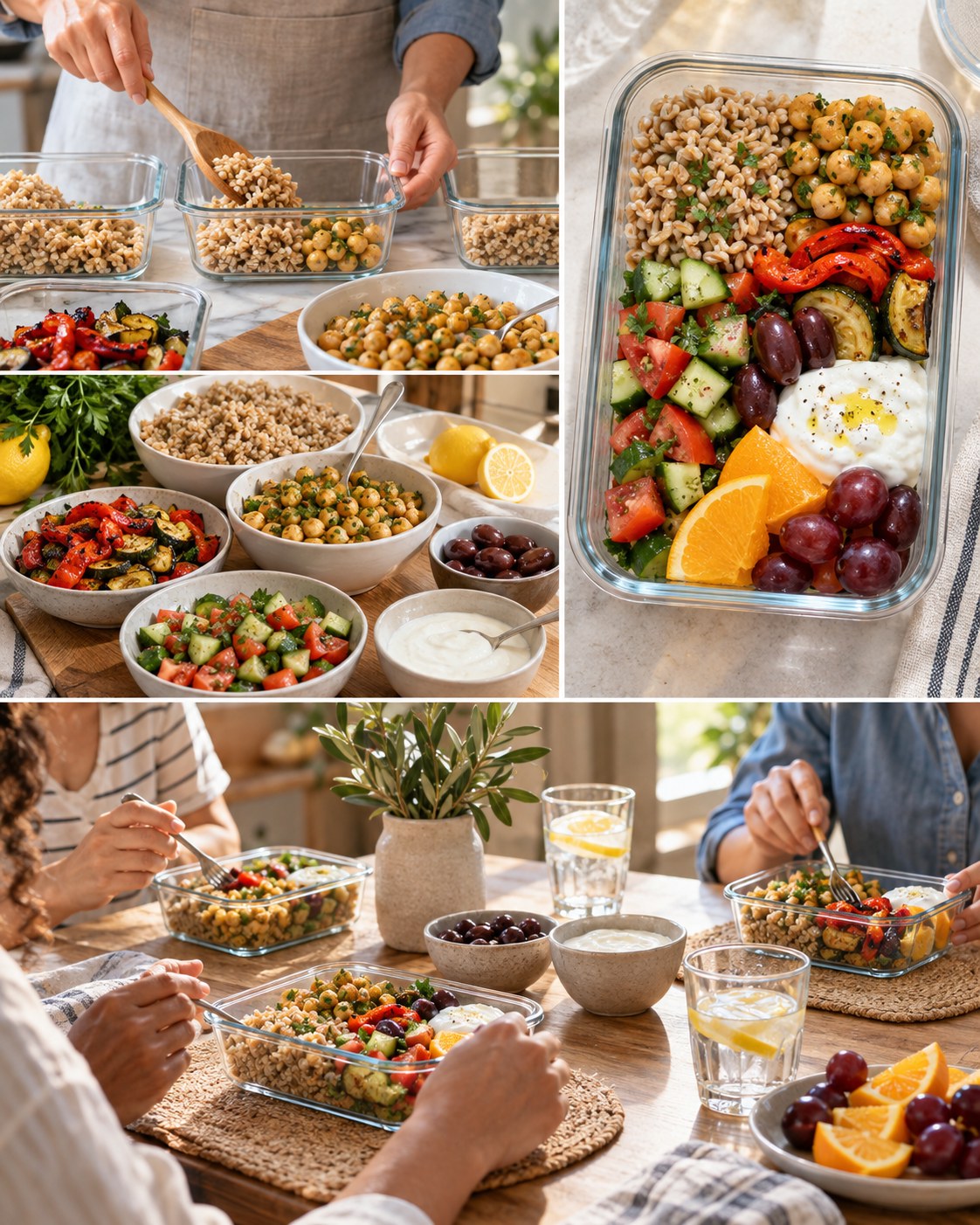 Mediterranean-style lunchboxes with farro, chickpeas, roasted vegetables, cucumber salad, yogurt, olives, and fruit