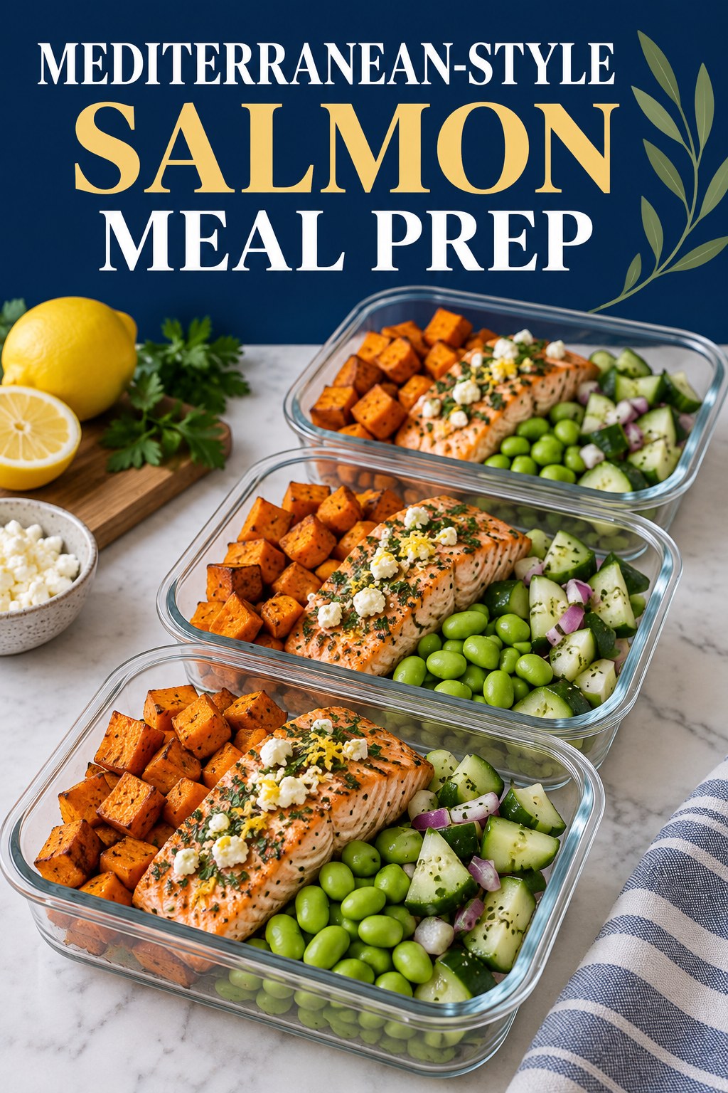 Three containers of mediterranean-style salmon sweet potato prep boxes with salmon, sweet potato, cucumber, and edamame.
