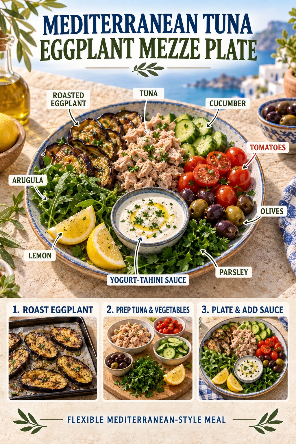 Tuna and roasted eggplant mezze plate with cucumber, tomatoes, olives, arugula, lemon, parsley, and yogurt-tahini sauce.