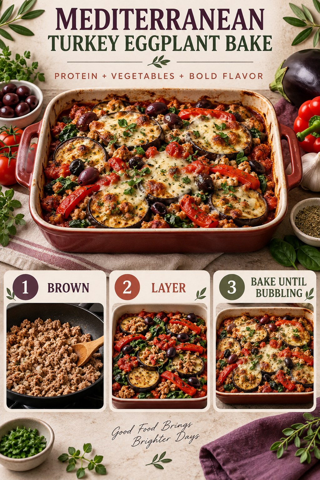 Mediterranean turkey eggplant bake with tomato, spinach, peppers, olives, herbs, and a light layer of cheese.