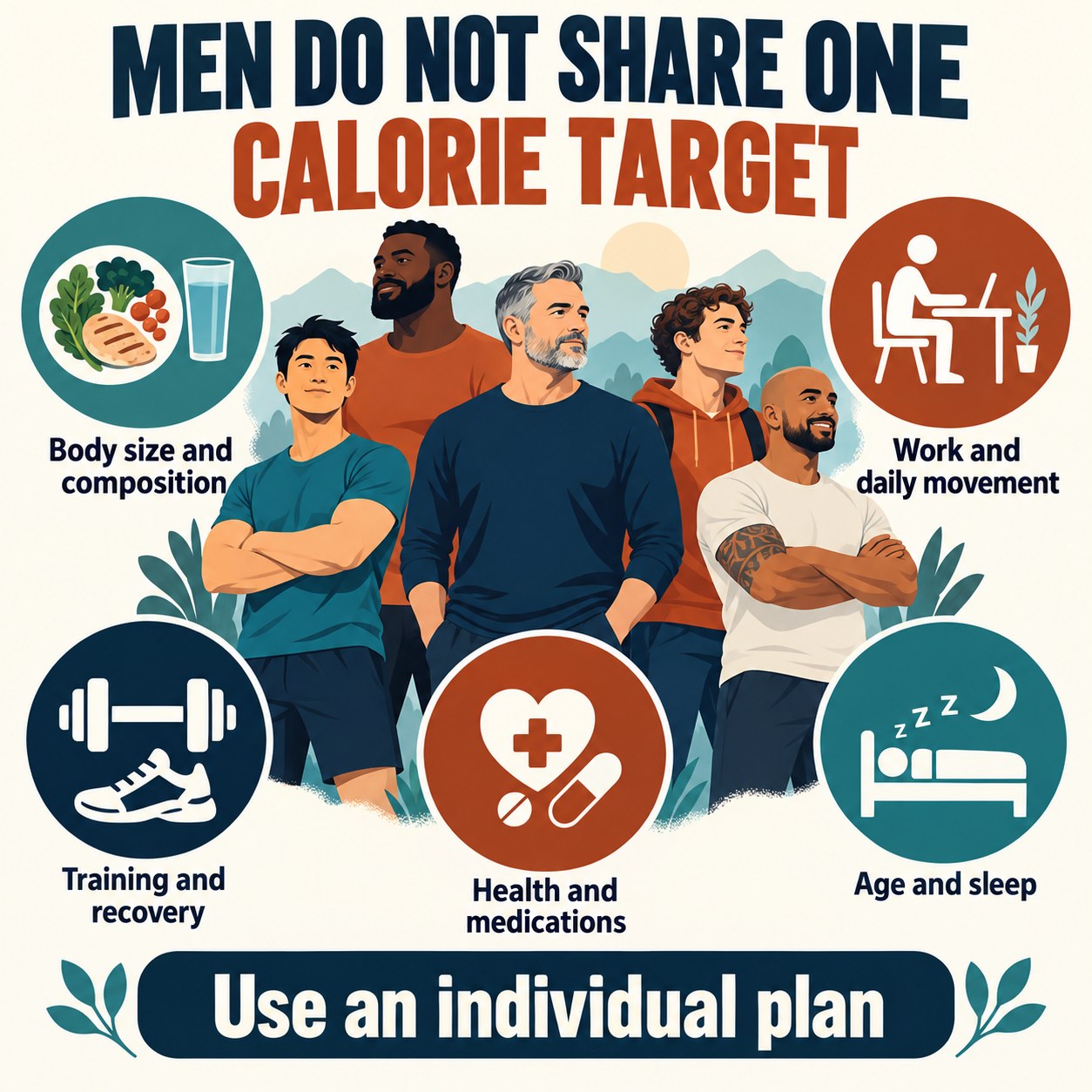 Inclusive infographic showing how men’s calorie needs vary with body size, work, movement, training, health, medications, age, and sleep