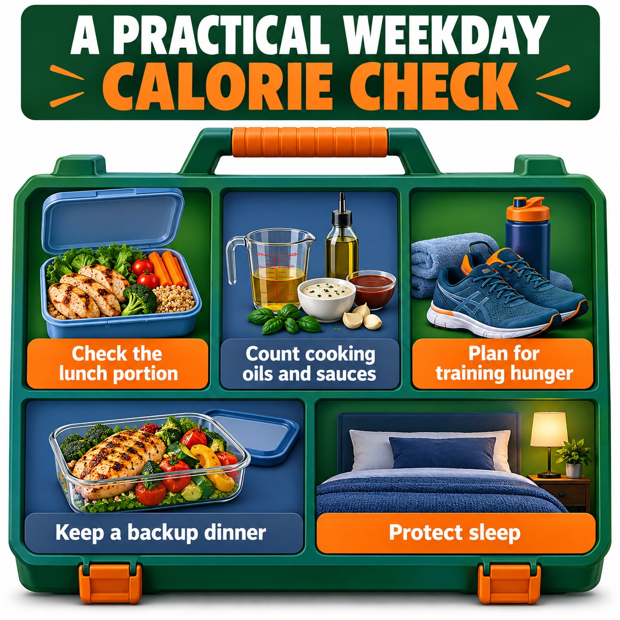 Toolbox-style infographic covering lunch portions, cooking oils and sauces, training hunger, backup dinner, and sleep