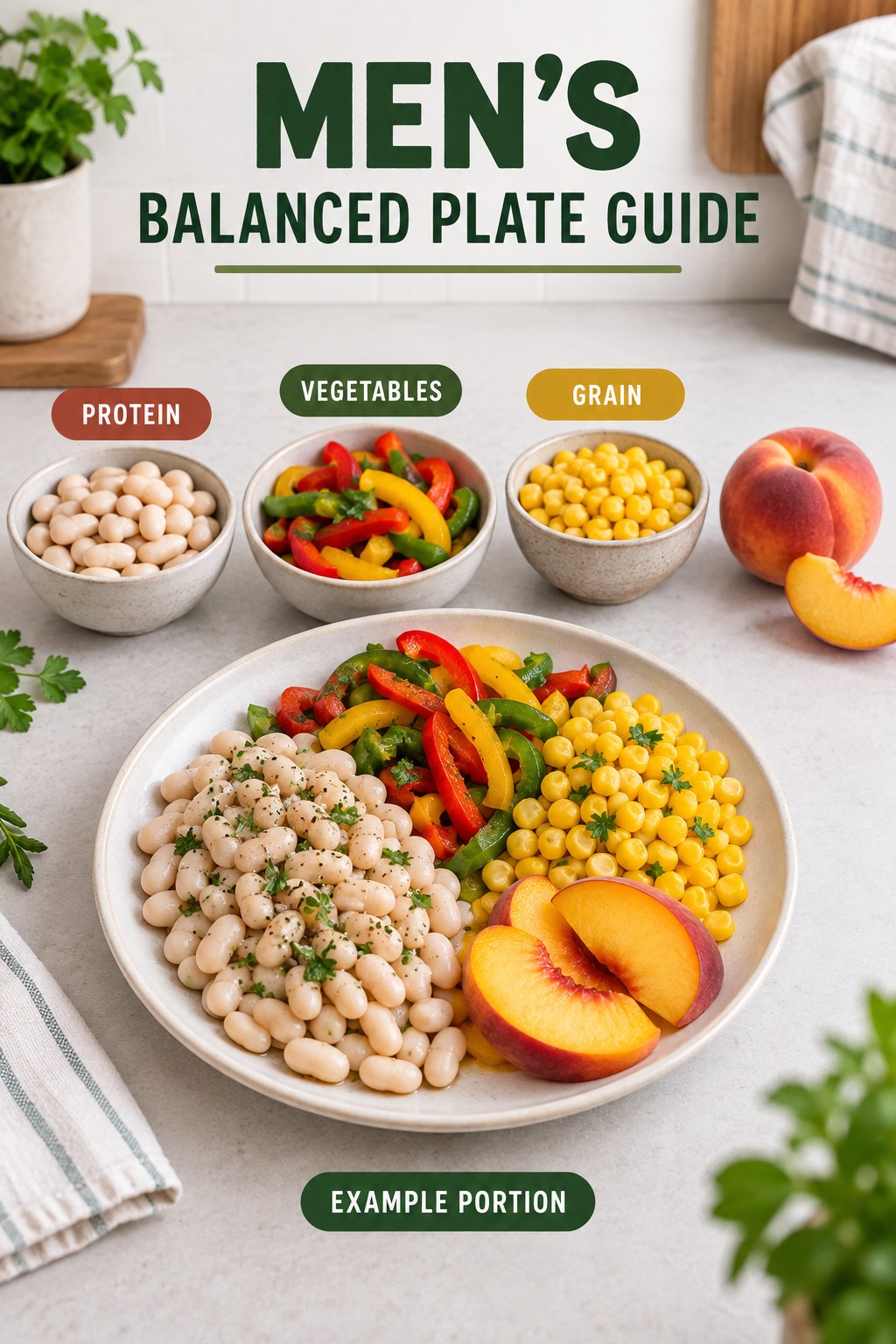 Men’s Balanced Plate Guide visual using white beans, corn, peppers, and peach as flexible example portions for Weight Loss for Men.