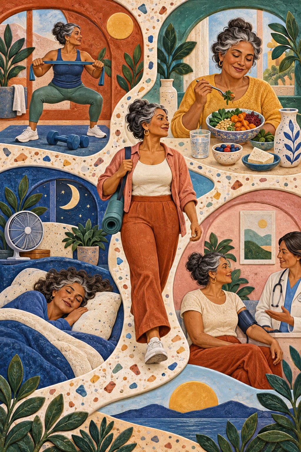 Terrazzo mural shows a midlife woman with strength training, balanced food, sleep comfort, and a routine checkup.