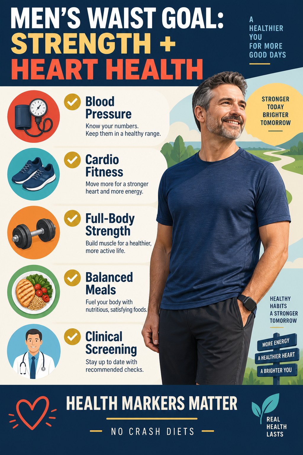 Portrait infographic showing blood pressure, cardio fitness, full-body strength, balanced meals, and clinical screening for men.